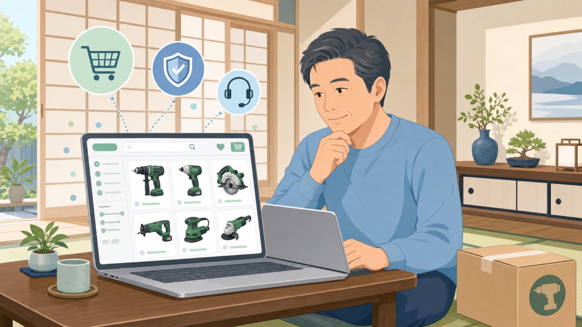 ネットショッピングで電動工具を購入する男性と保証・サポートアイコン