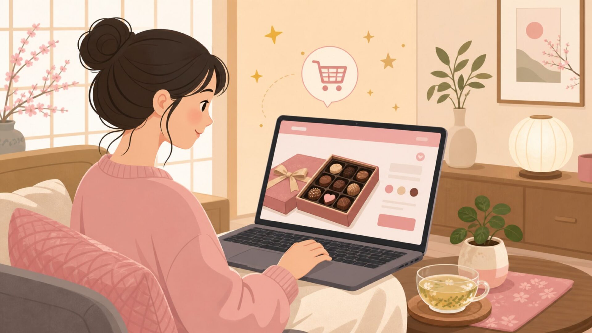 ノートパソコンでチョコを購入する女性のイラスト