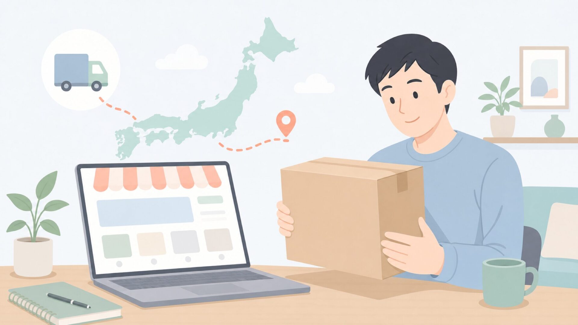 日本でのネット購入と配送を表すイラスト