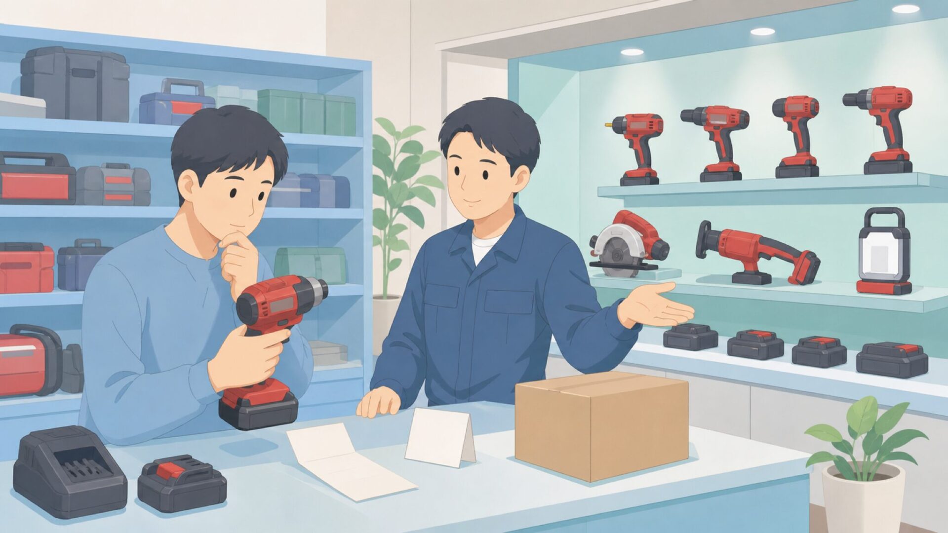 国内の工具店で保証を確認しながら購入する場面