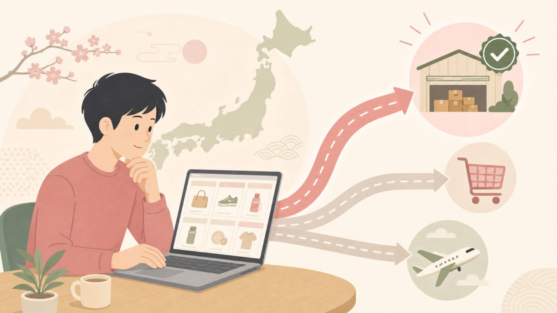 海外配送箱と日本地図、保証書を確認する男性のイラスト