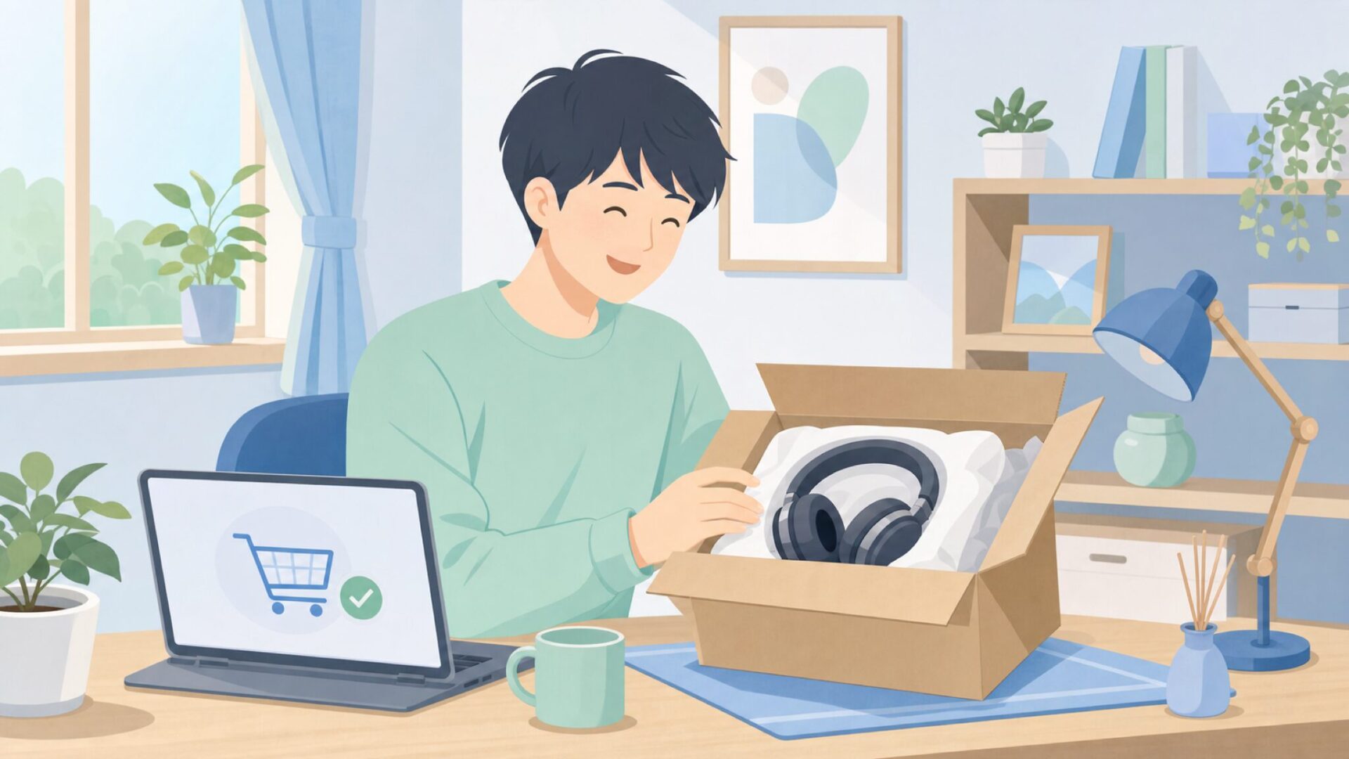 オンラインショッピングでオーディオ製品を購入する人物