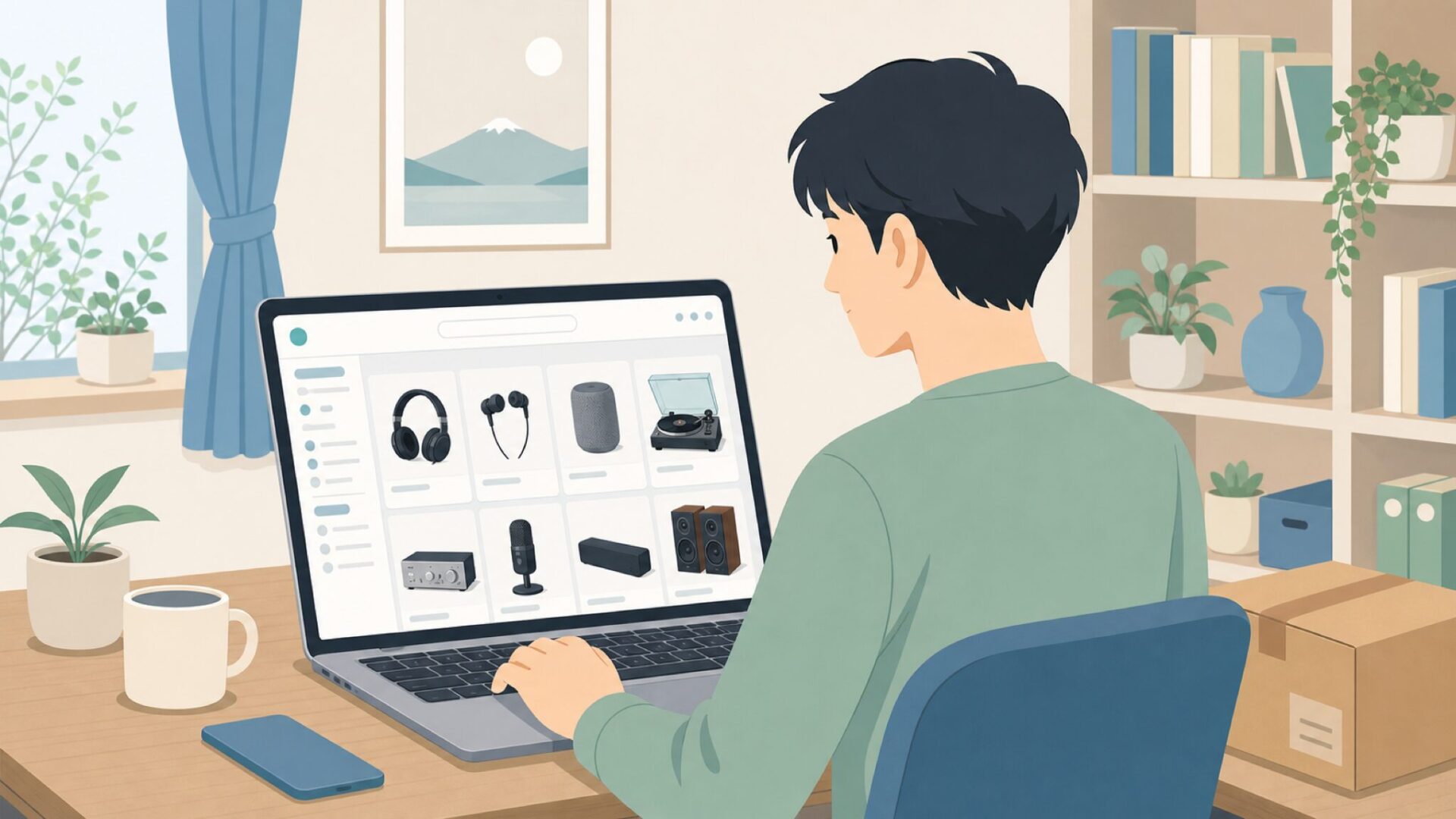日本でオンライン購入を検討する男性のイラスト