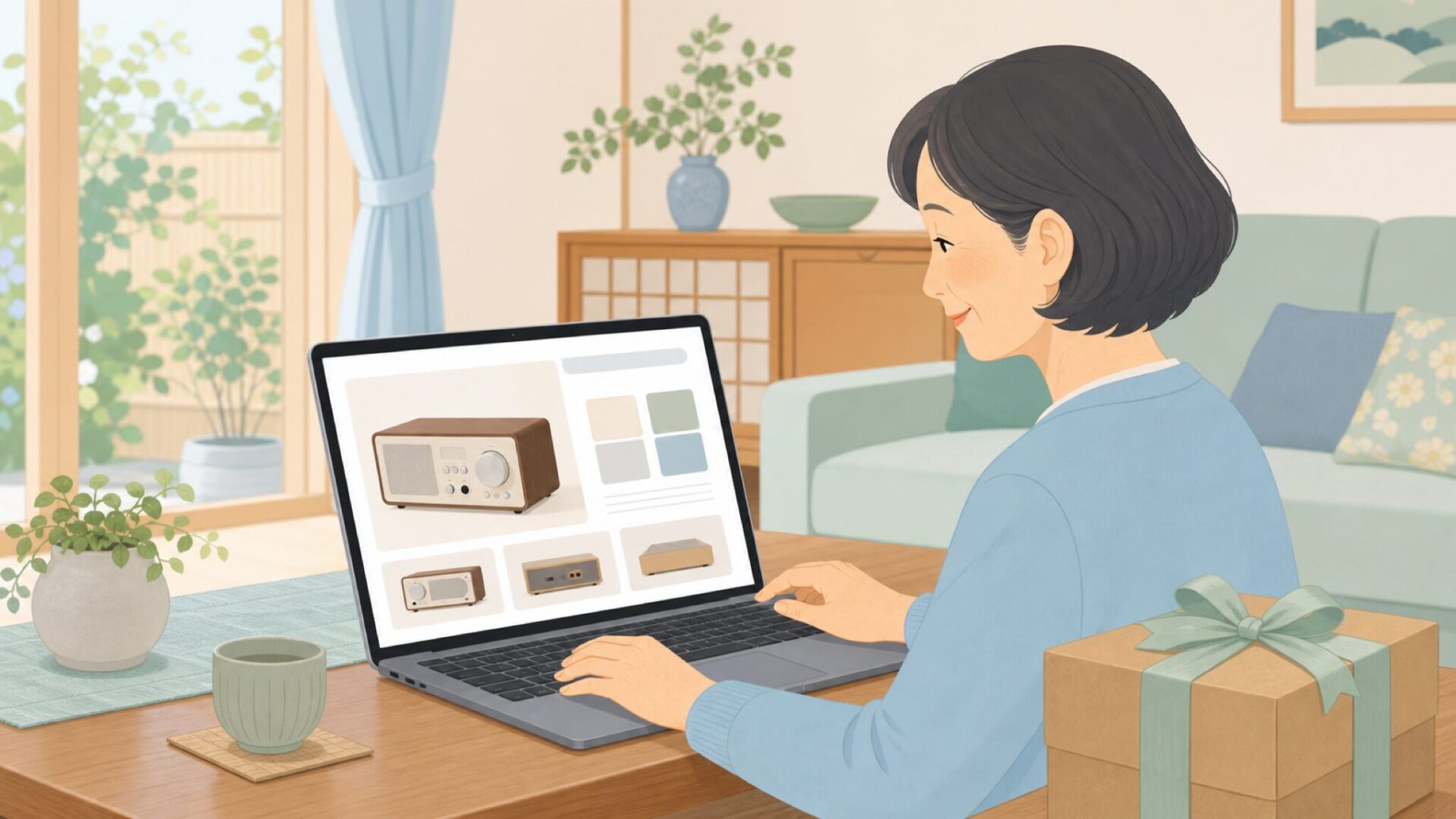 ネットショッピングでオーディオ製品を購入する女性