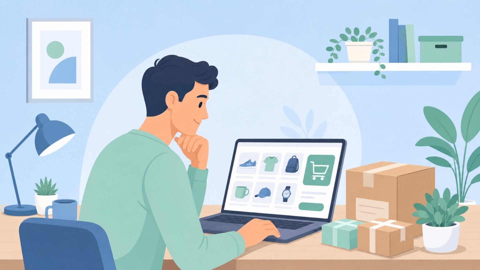 AmazonでTurcom Audio製品を購入する様子を表すイラスト