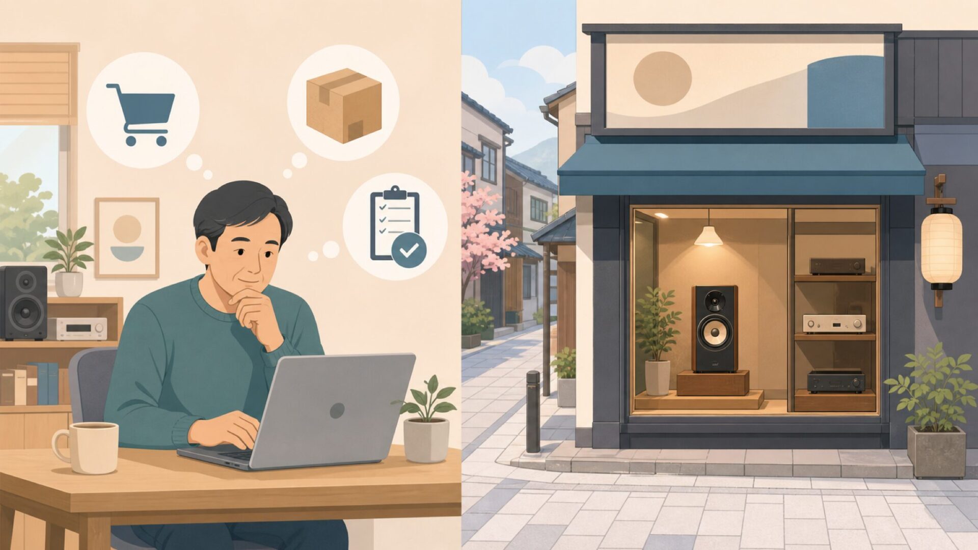 自宅で比較検討する日本人男性とオーディオ専門店のイラスト