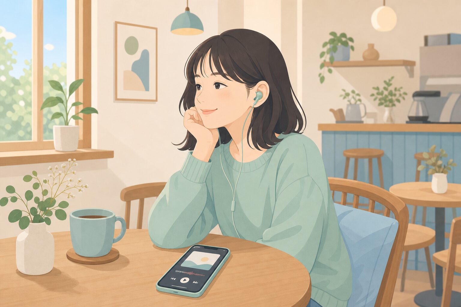 カフェでイヤフォンを使って音楽を楽しむ日本人女性のイラスト