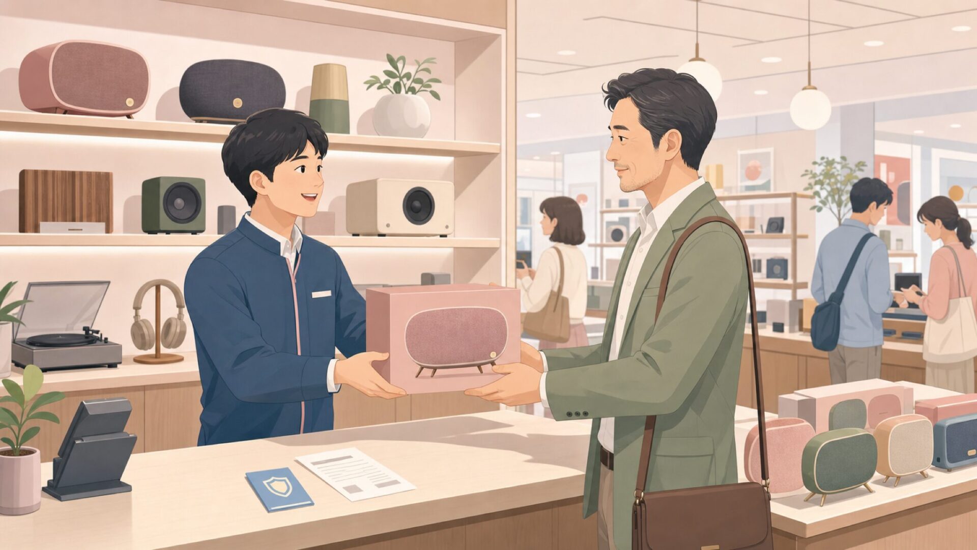 家電量販店で正規品を受け取る顧客と店員のシーン