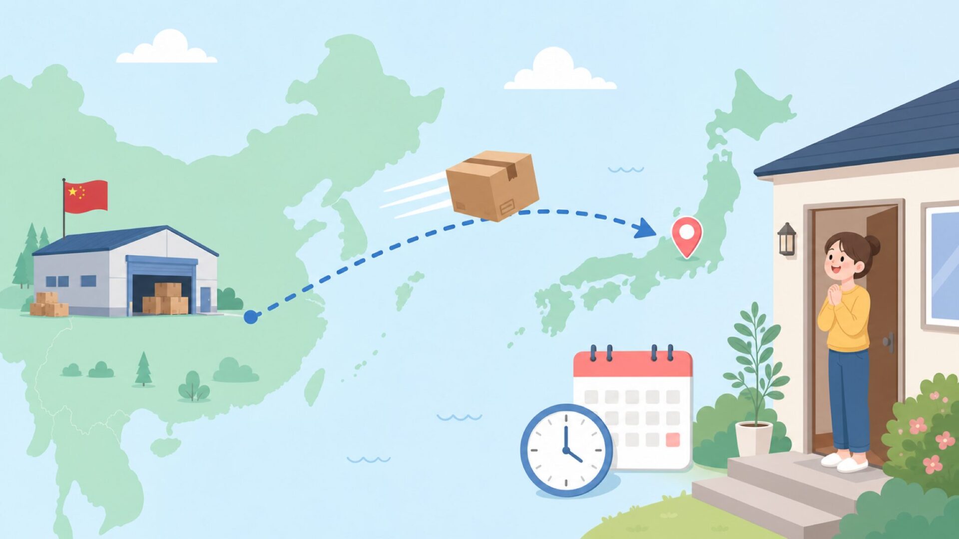 中国から日本への配送を示すイラスト