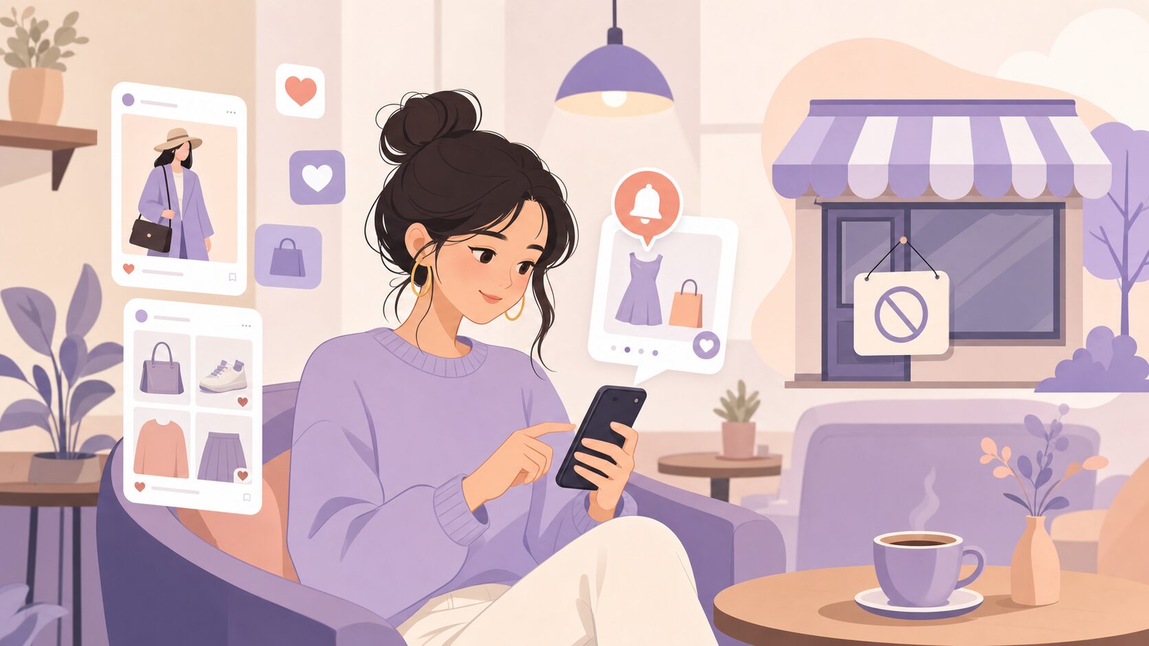 アプリでファッションを探す女性のイラスト
