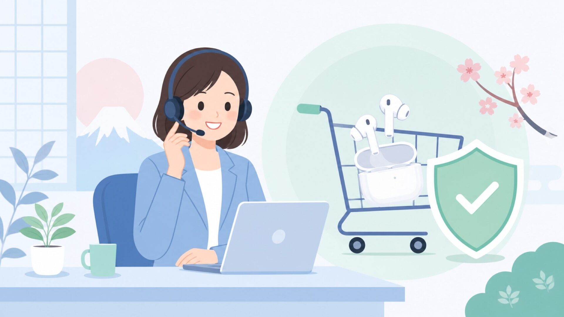 日本語サポートのカスタマーサービスと保証シールドのイラスト