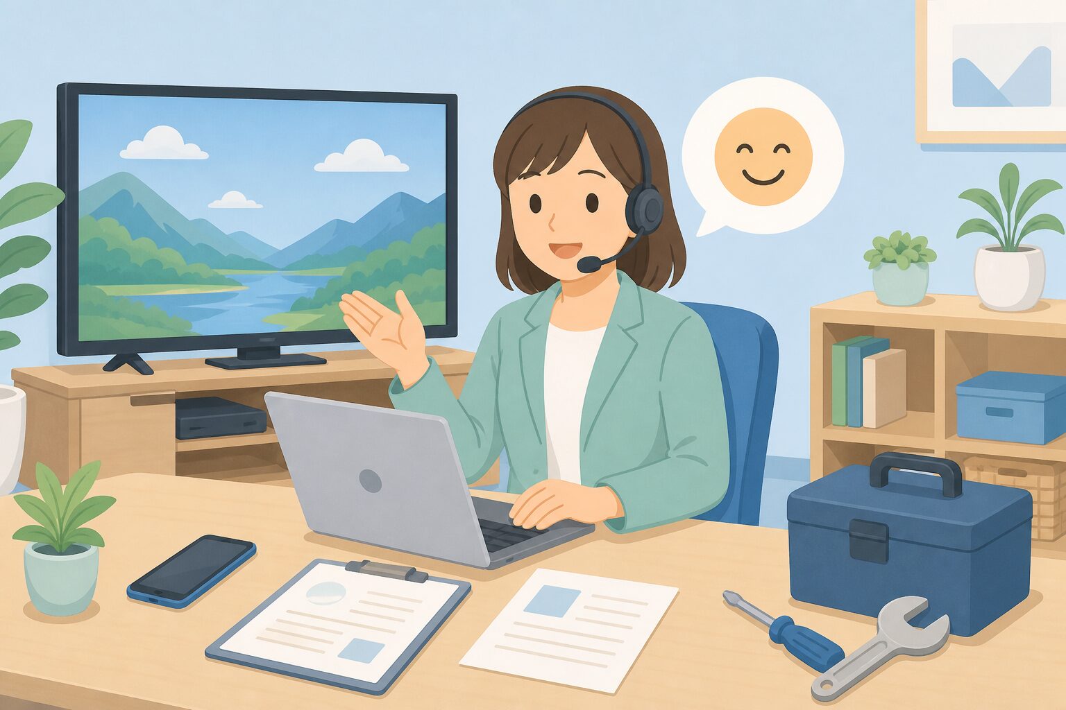 ヘッドセットをつけたサポートスタッフとテレビ修理道具のイラスト