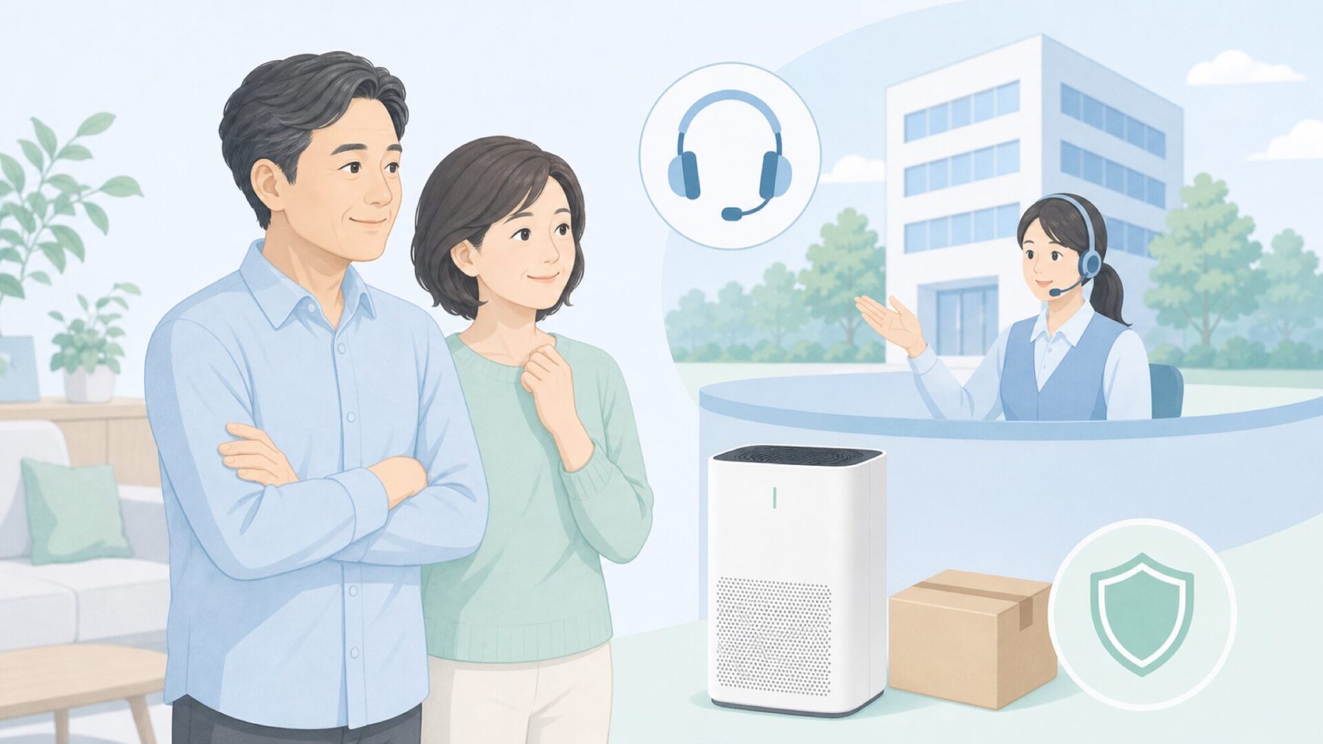 日本法人のサポートに安心する家族のイラスト
