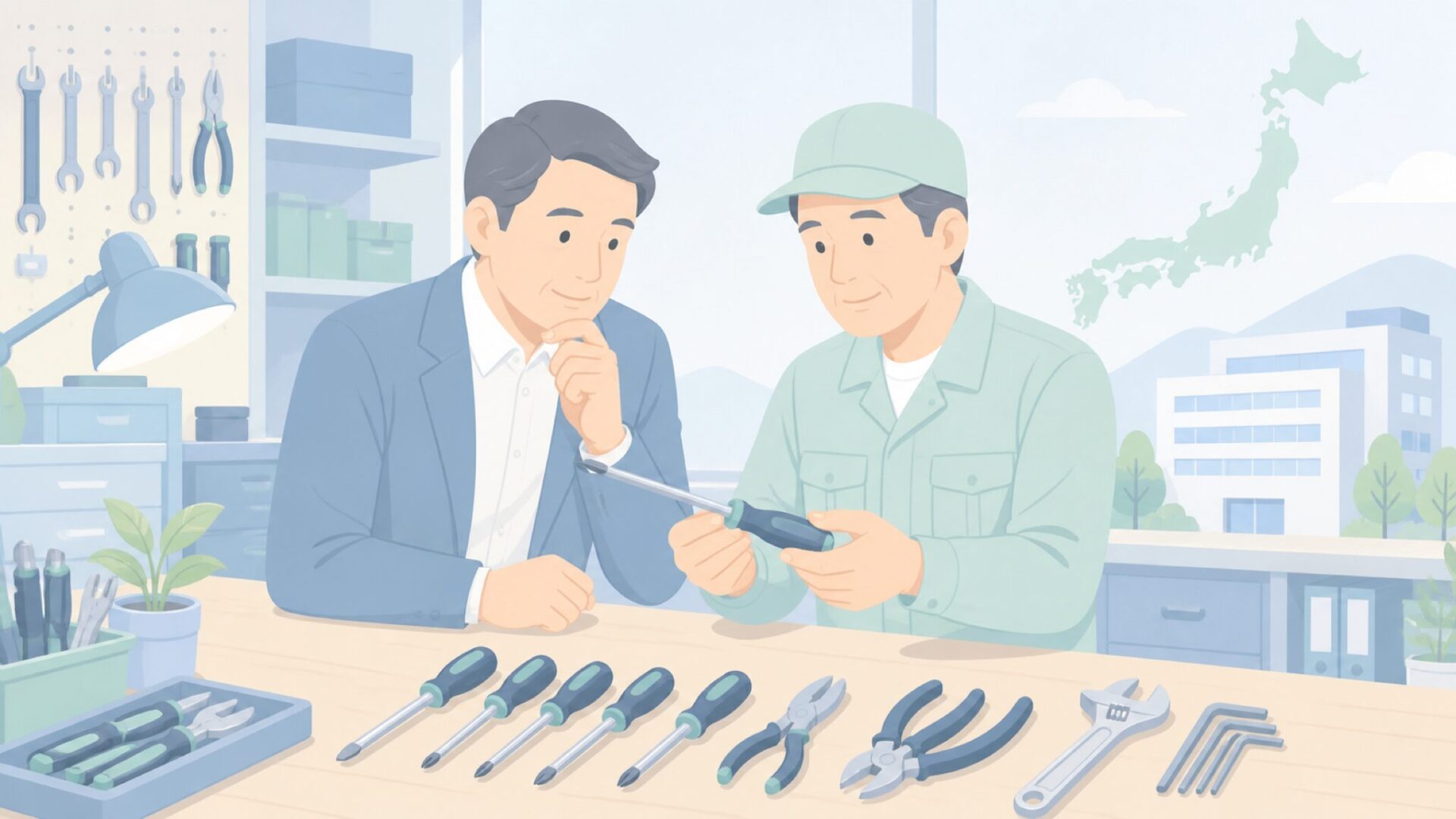 日本の工房で工具を確認する人物