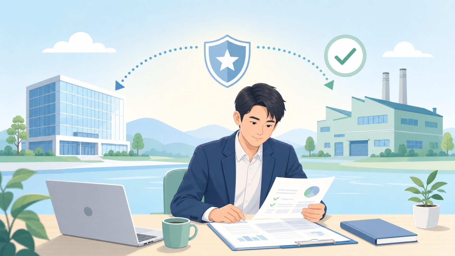 日本企業の品質管理と工場をつなぐ安心感のイラスト