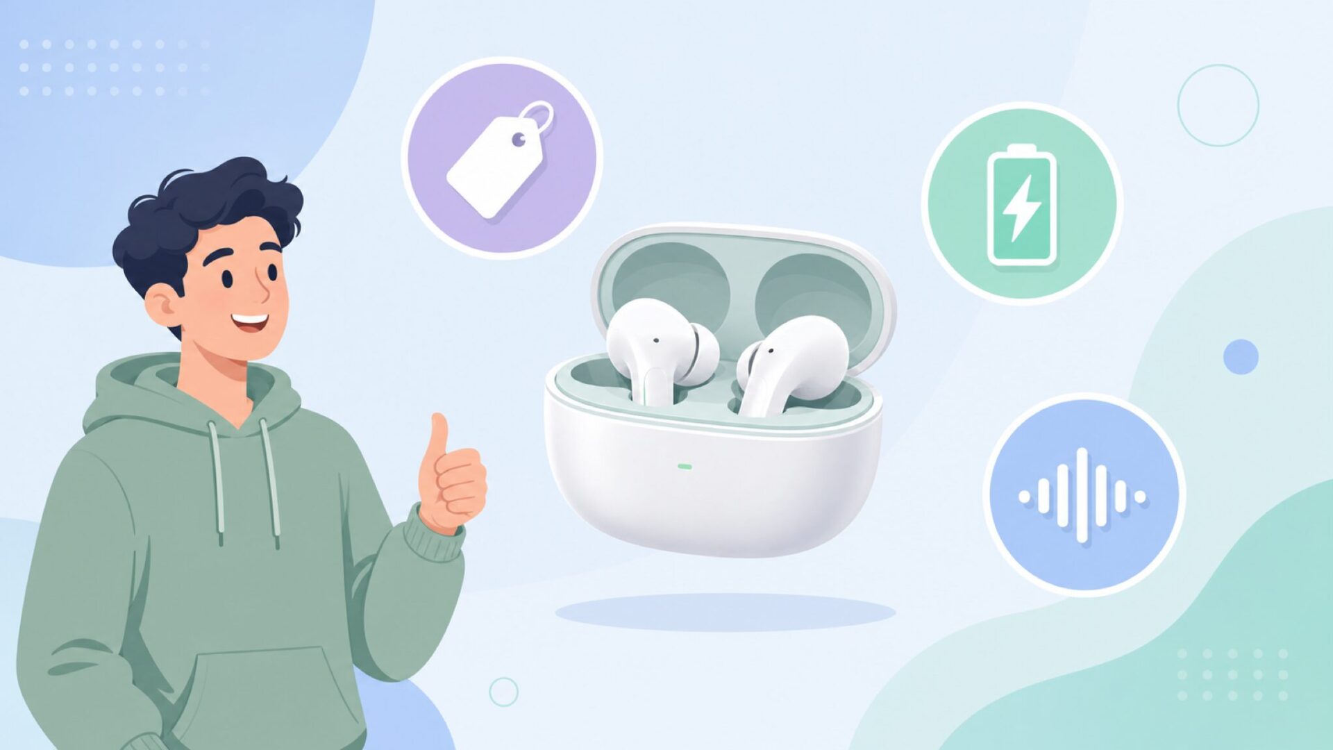 ワイヤレスイヤホンと価格・電池・音質を示す3つのアイコン