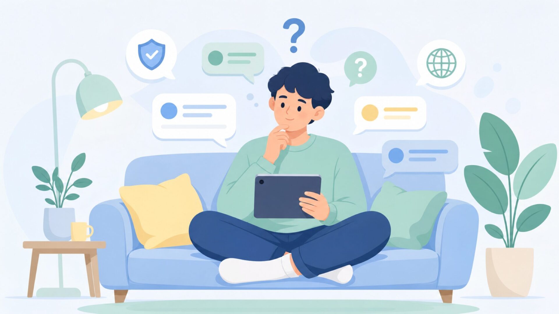 タブレットでFAQを読む若者の安心した表情のイラスト