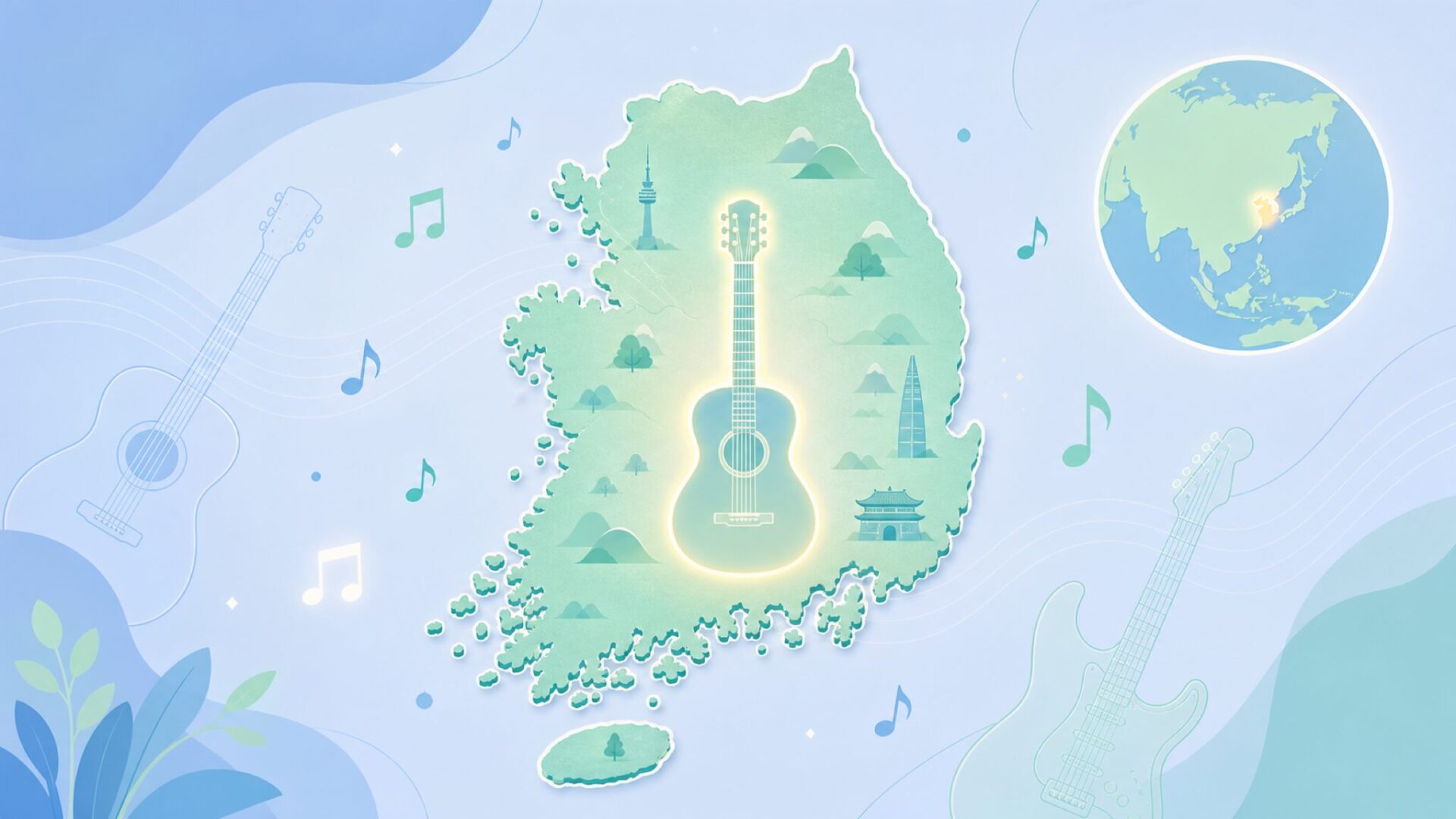 韓国の地図上にギターのアイコンが配置された製造国を表すイラスト