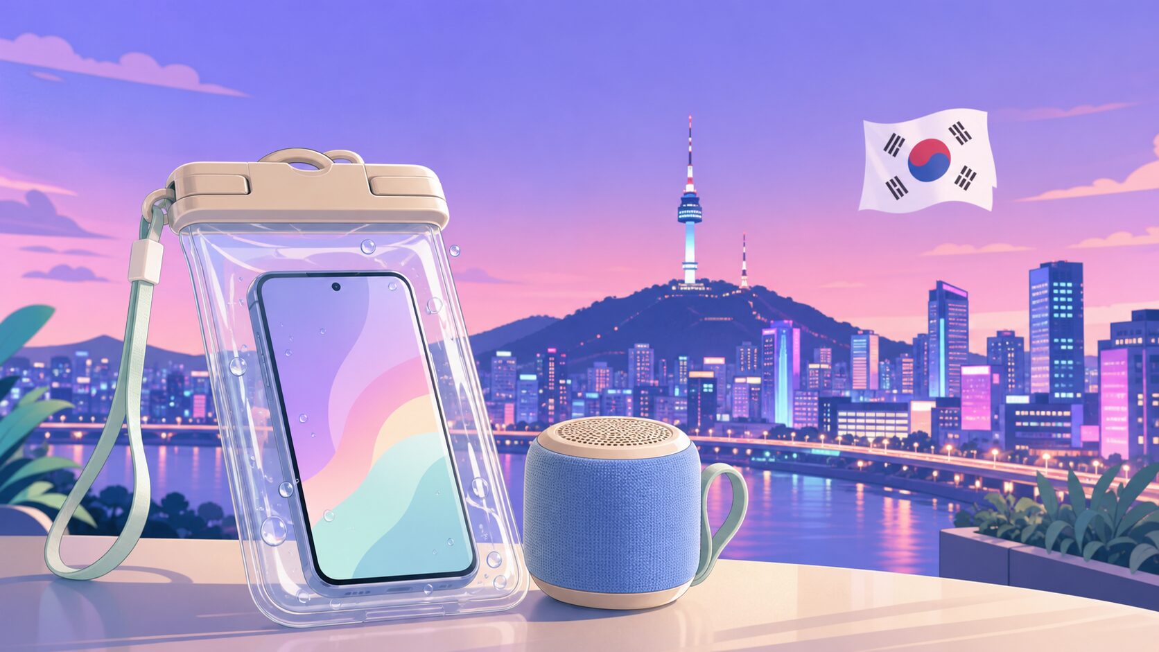 ソウルの夜景と防水スマホケースのフラットイラスト