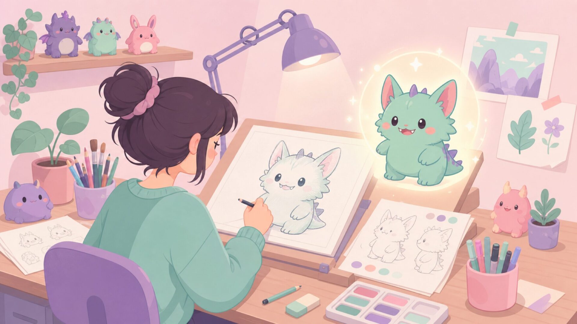 アーティストがキャラクターをデザインしている制作場面