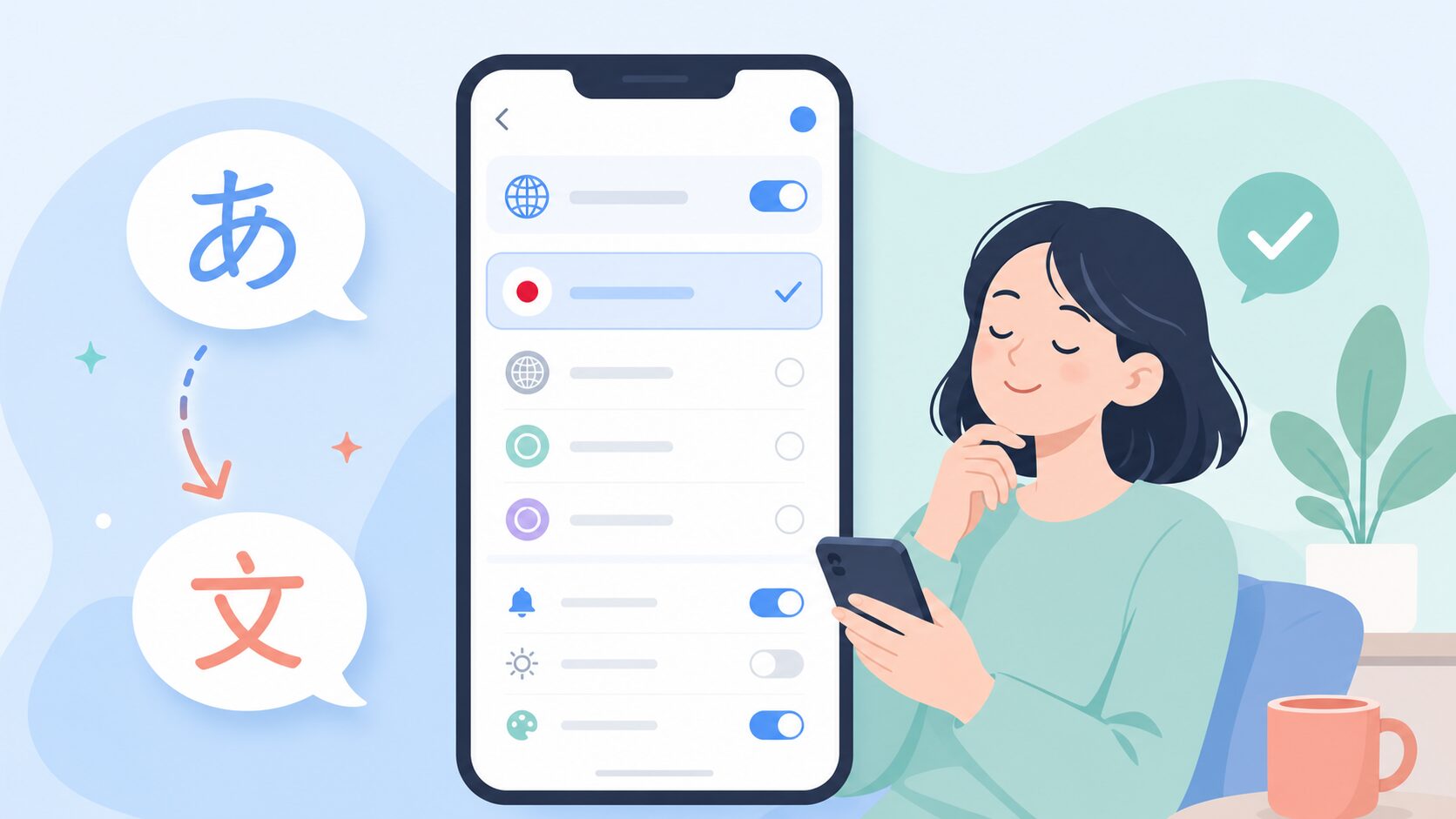 スマートフォンの言語設定画面で日本語を選択する場面のイラスト