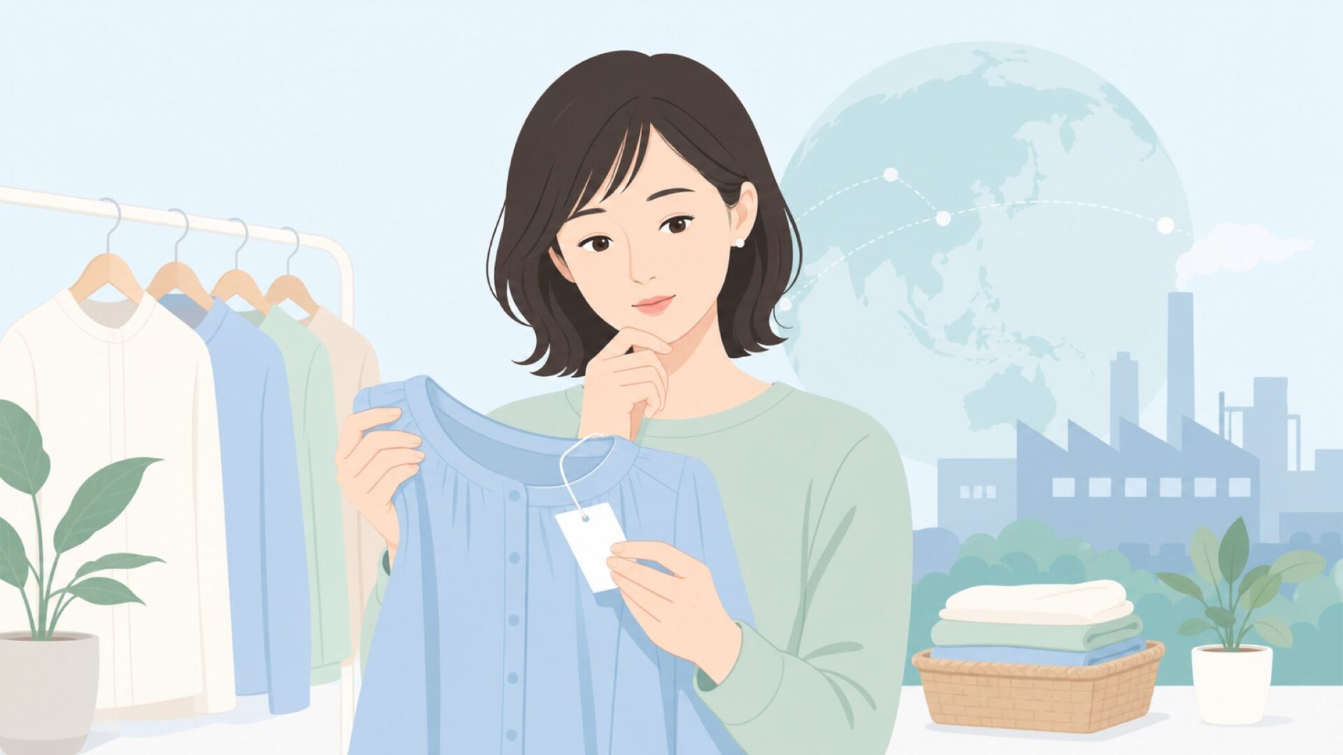 洋服のタグを確認する女性のフラットイラスト