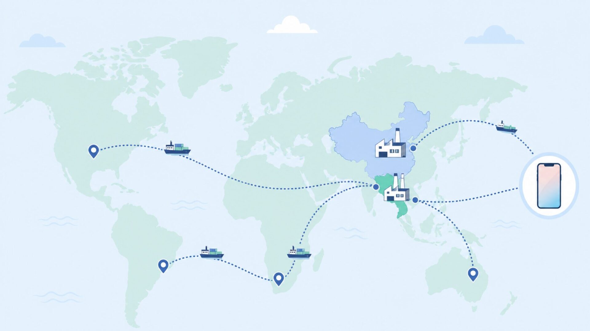 世界地図に工場アイコンと出荷ルートを示したイラスト