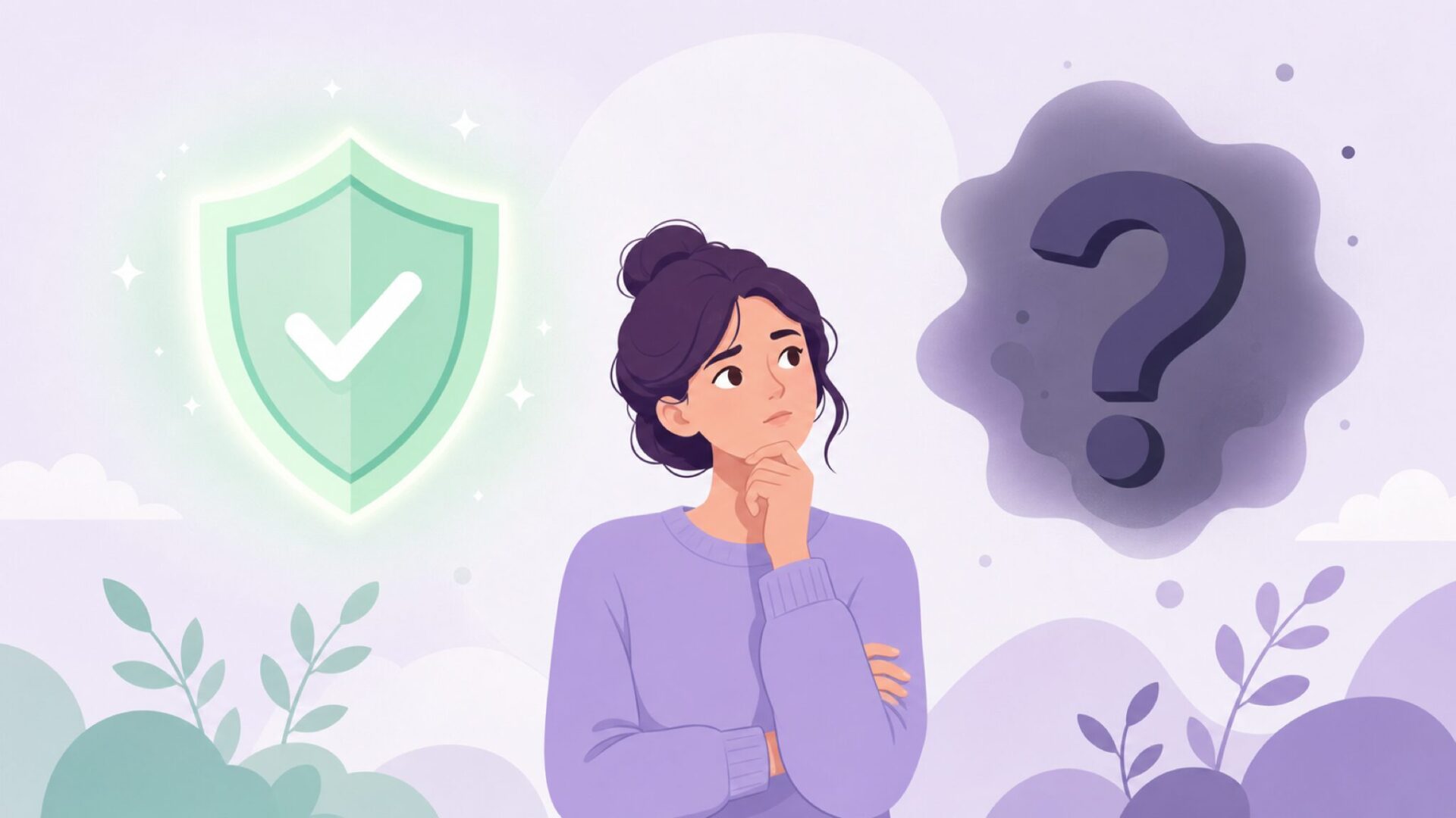 安全のシールドと疑問符を比較する女性のイラスト