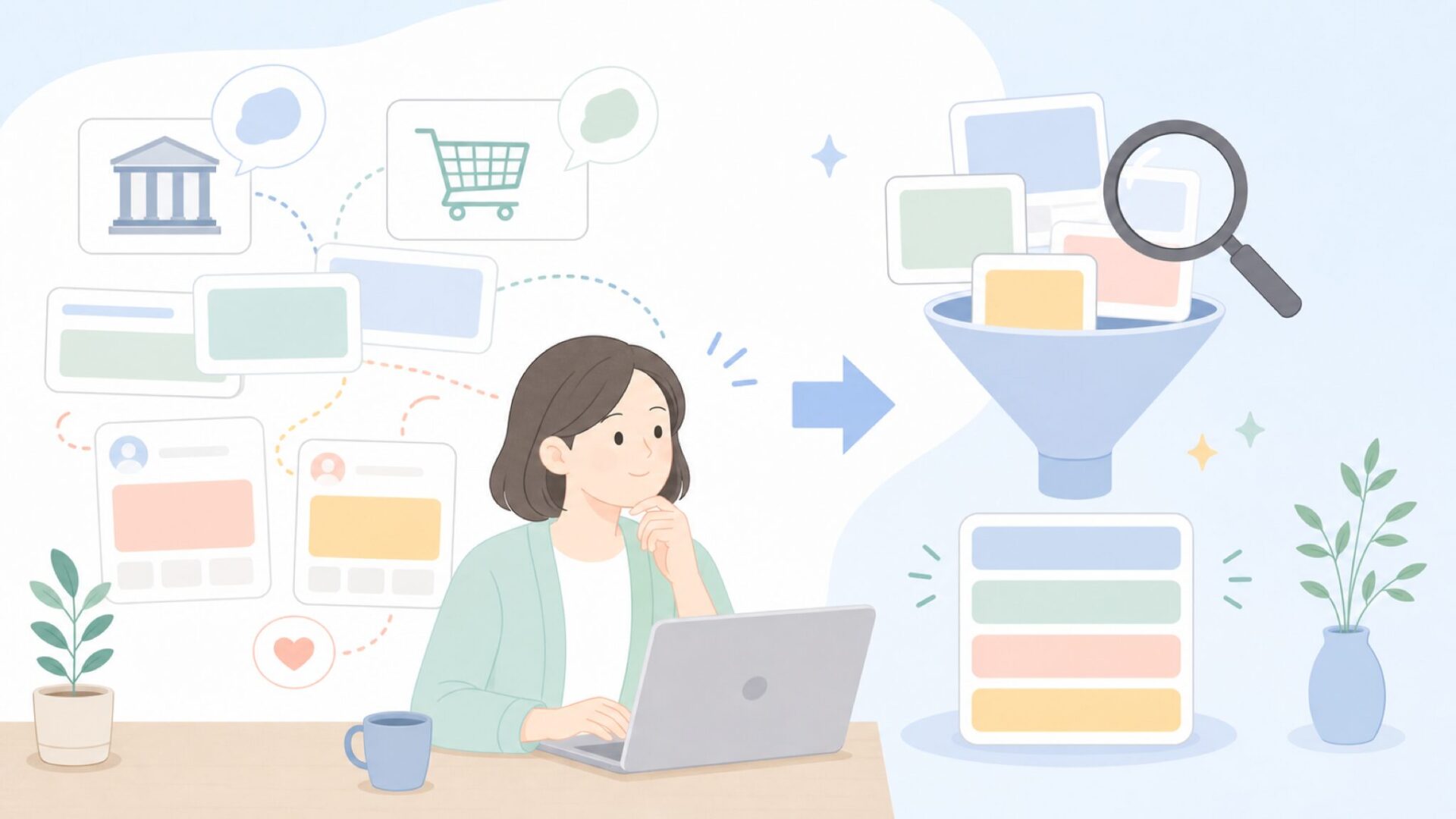 情報源が混在する検索結果を整理するイラスト