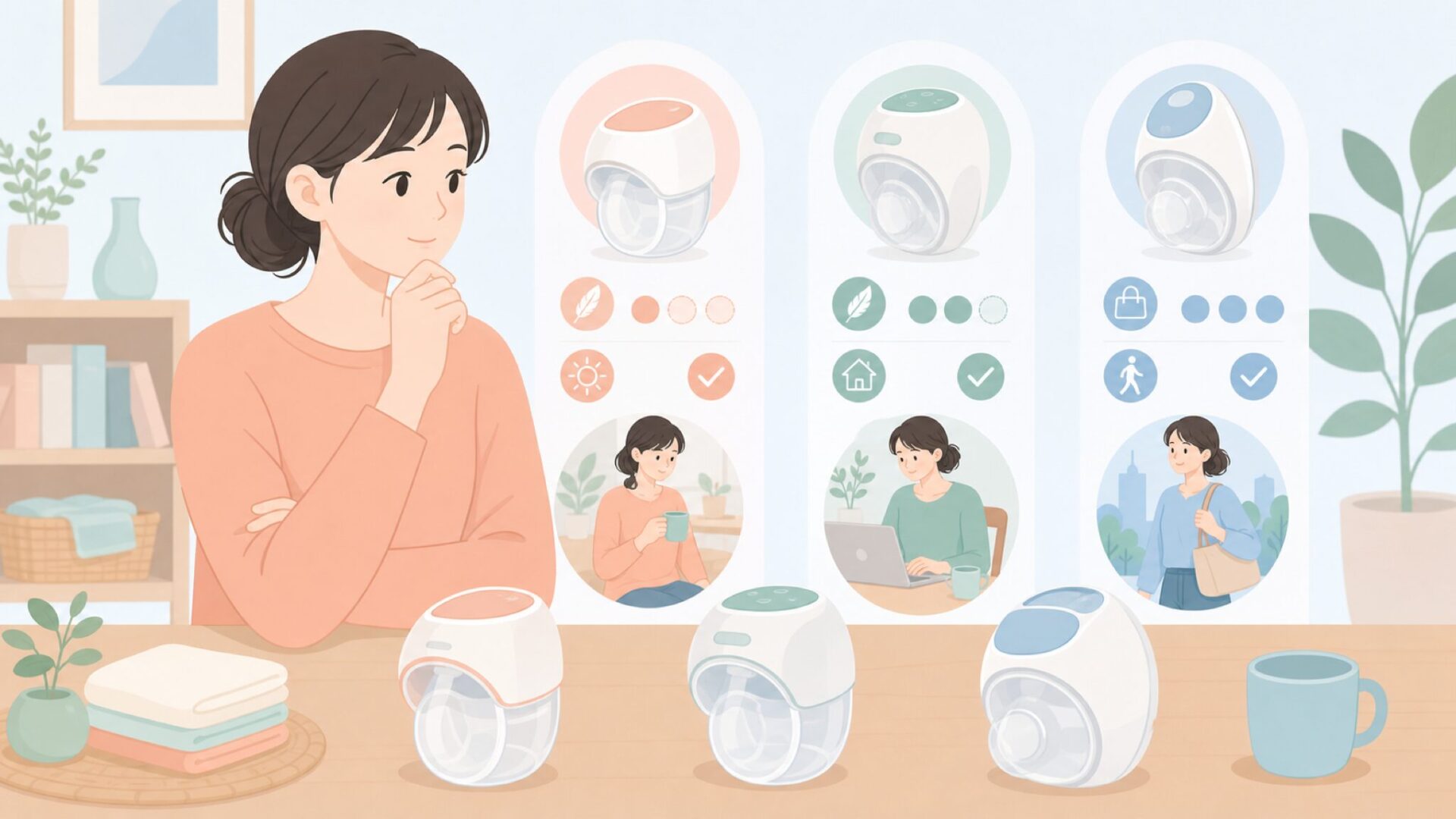 複数モデルを比較する母親のイラスト