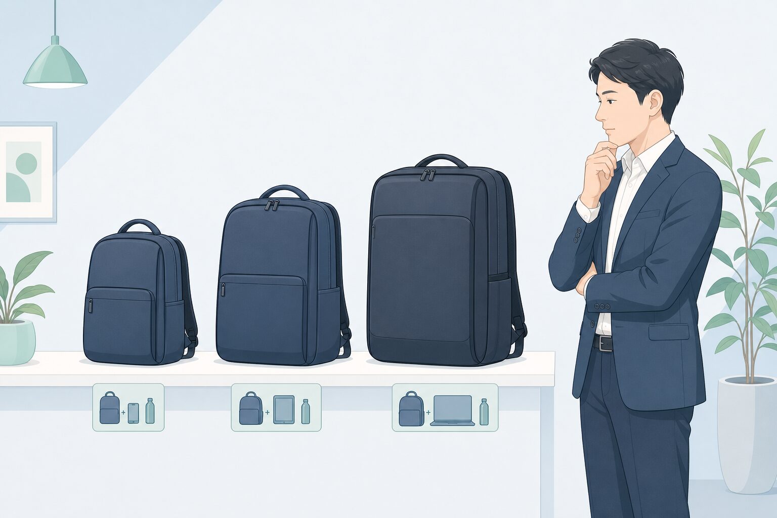 サイズ違いの3つのビジネスリュックを比較する男性のイラスト