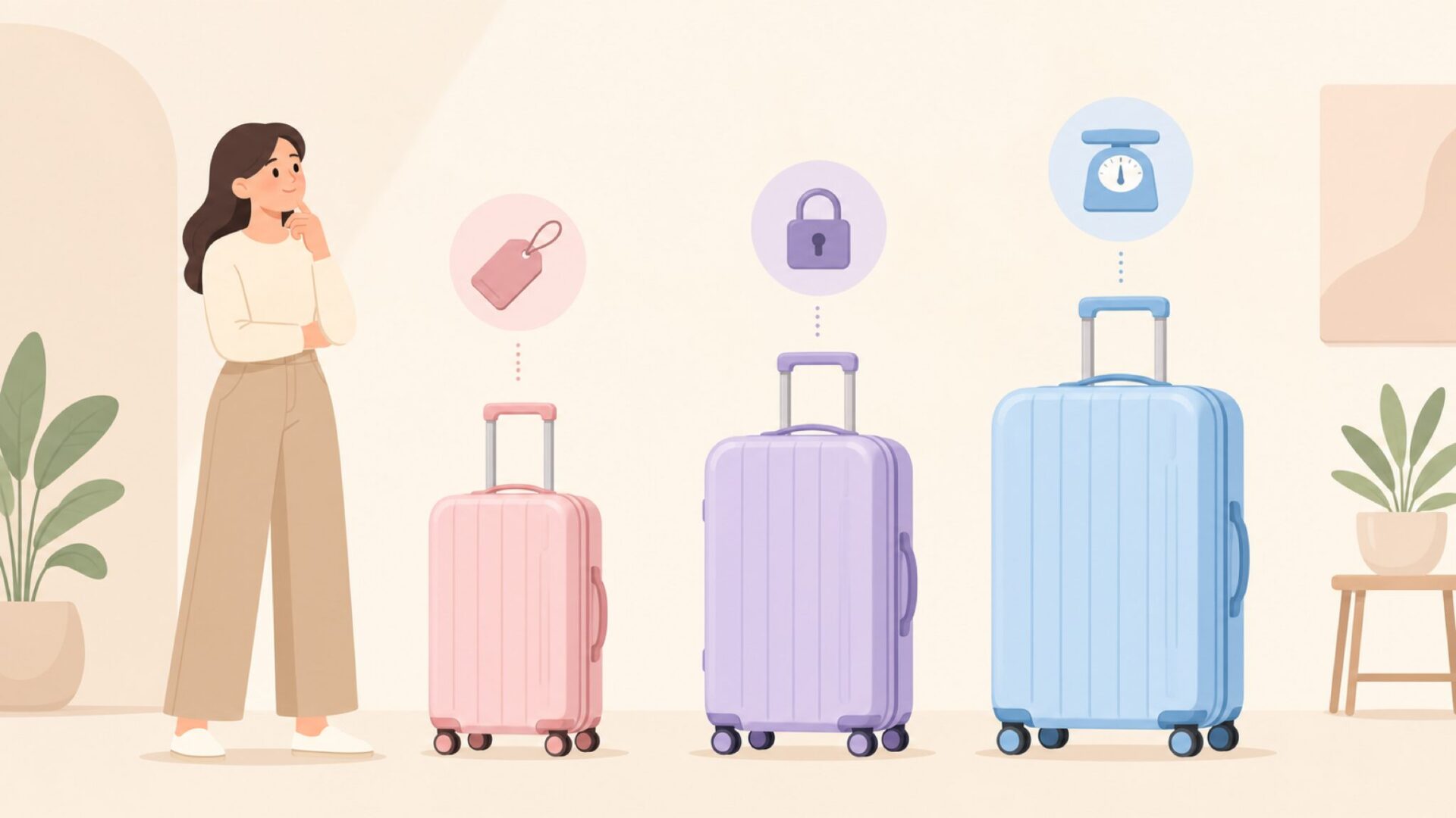 異なるサイズのスーツケース3点を並べて比較する女性のイラスト
