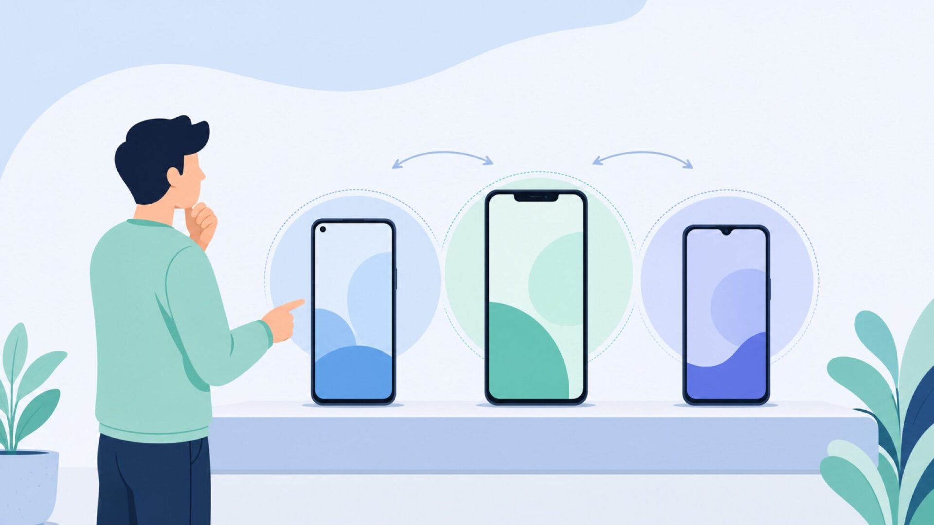 複数モデルのスマホを比較検討する人のフラットイラスト