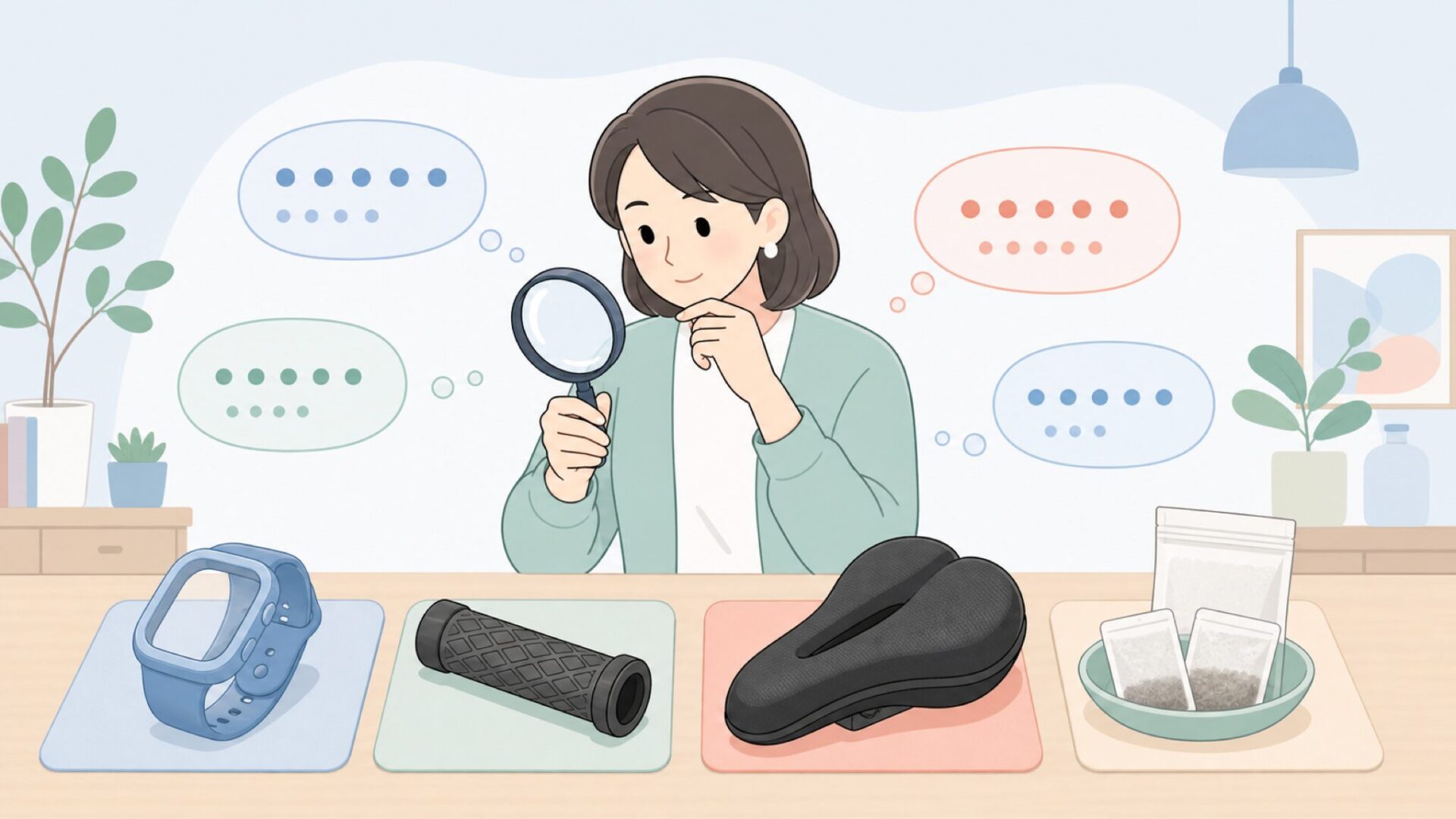 ジャンル別商品を比較するデスクの様子