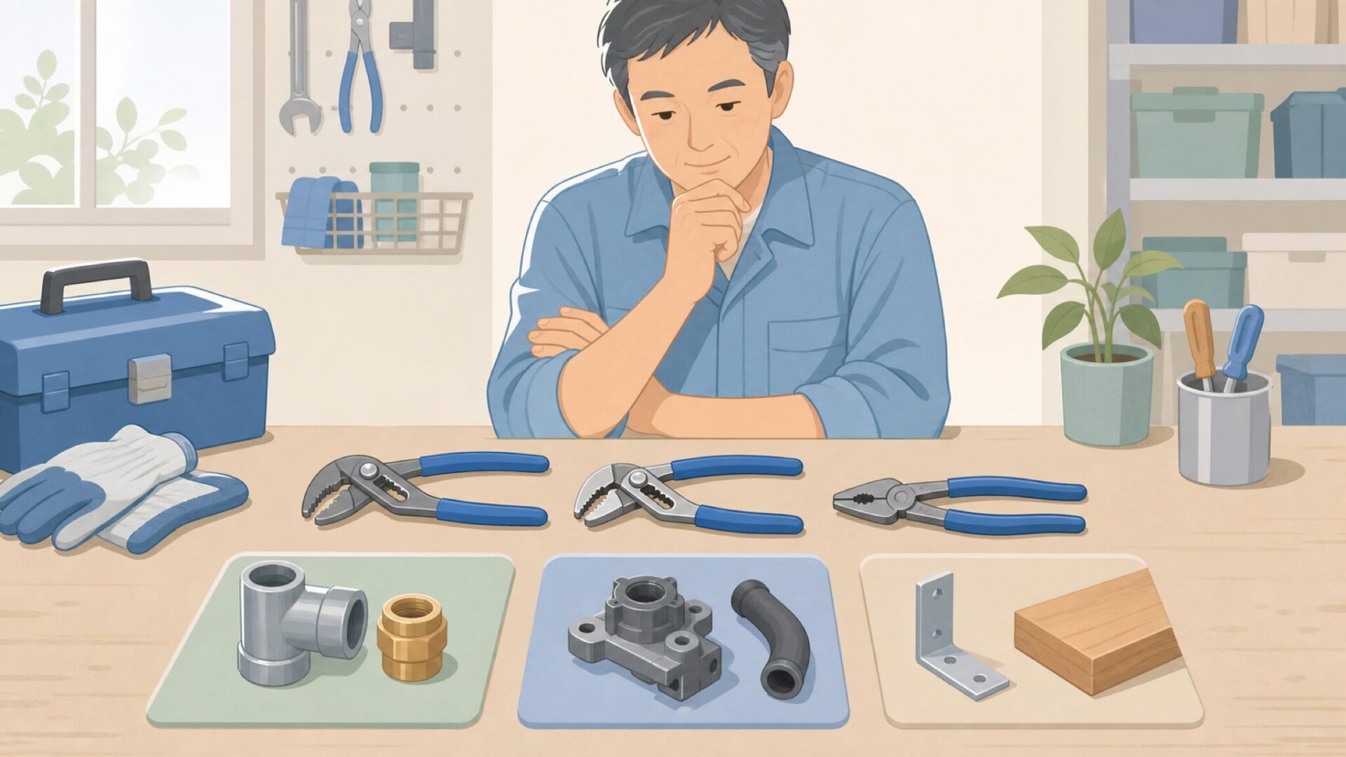 用途別に工具を選ぶ作業台のイラスト
