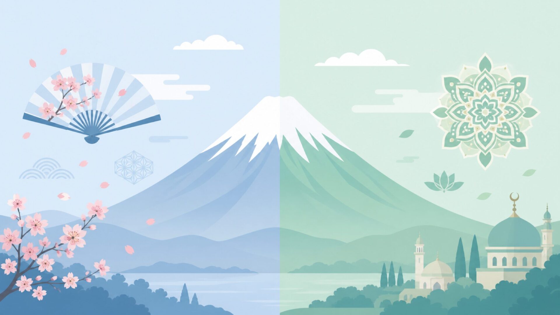 異なる文化と山の名称を表すフラットイラスト