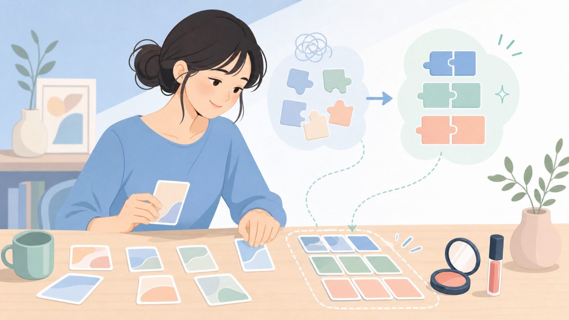 表記ゆれを整理する女性とコスメのイラスト