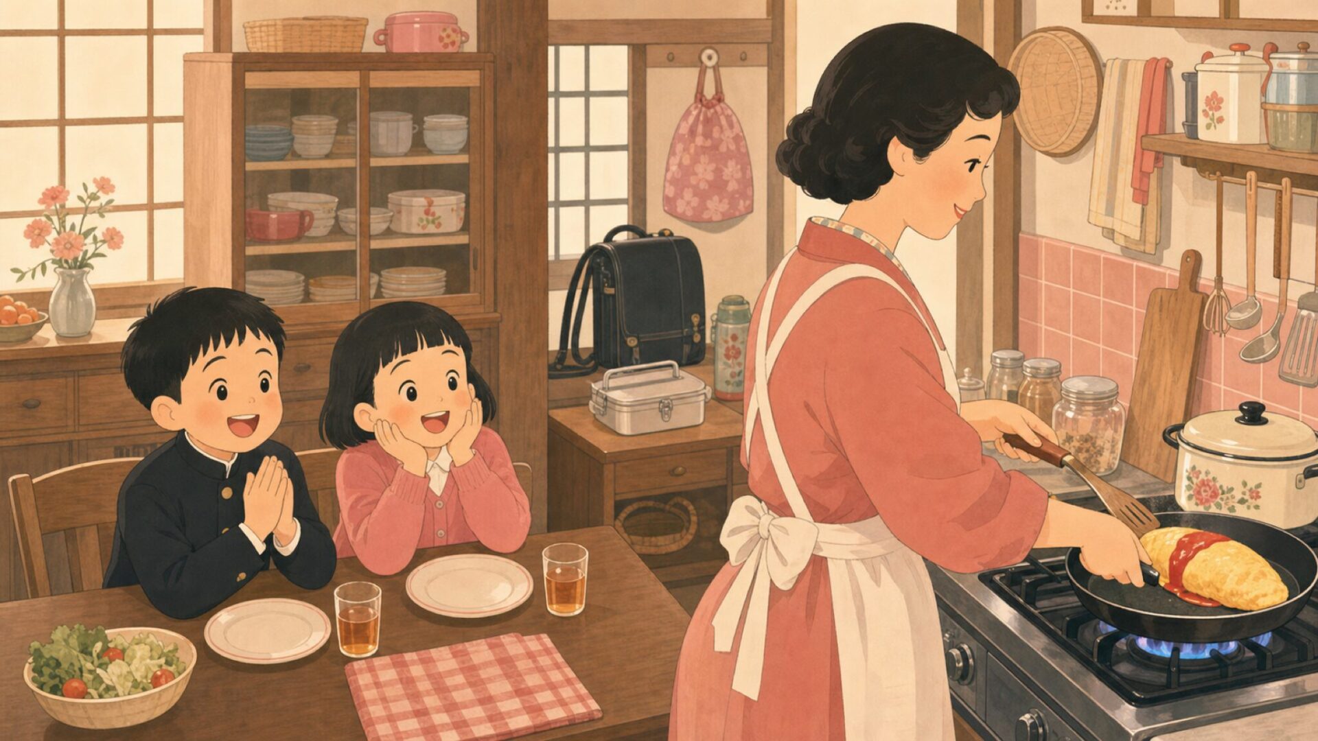 昭和の家庭でお母さんがオムライスを作り子どもたちが待っている様子
