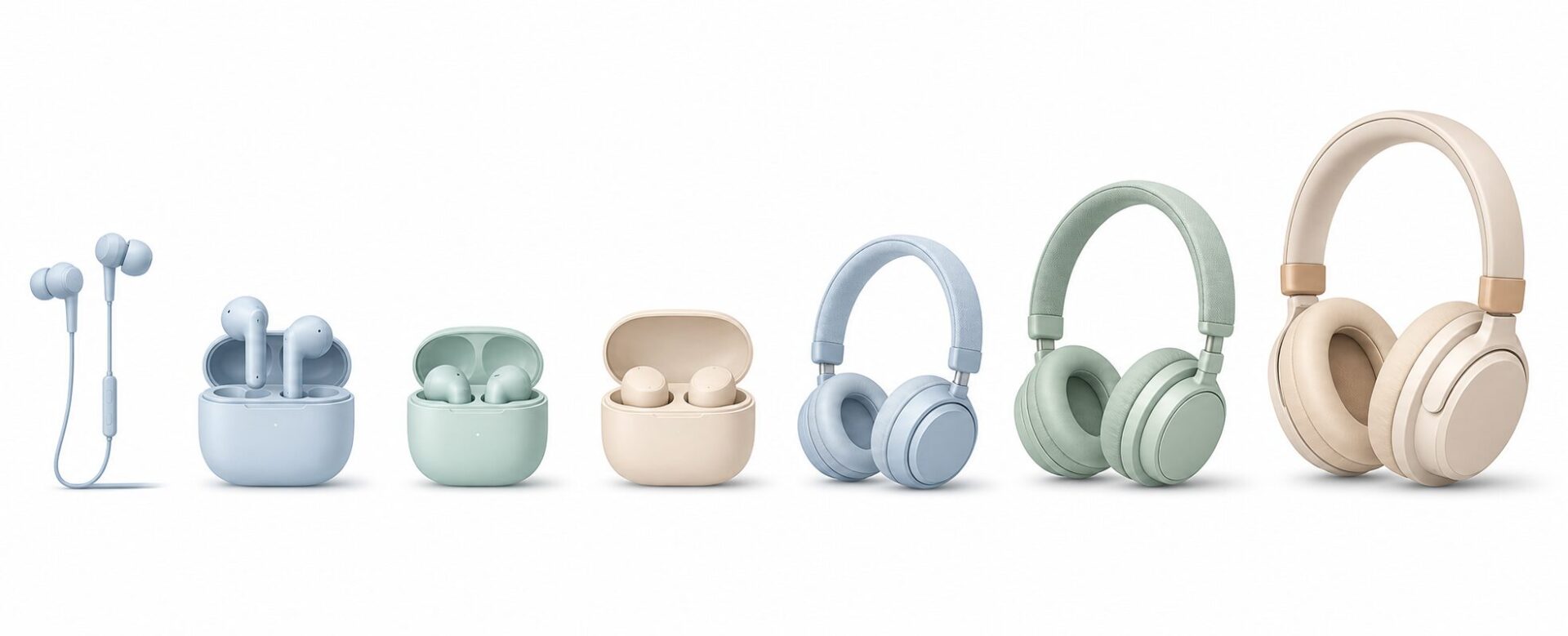 インイヤーからヘッドフォンまで並んだNocs Audioモデルのイラスト