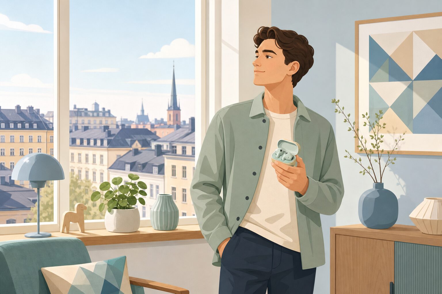 北欧の景色を背景にイヤフォンを手にする人物のイラスト