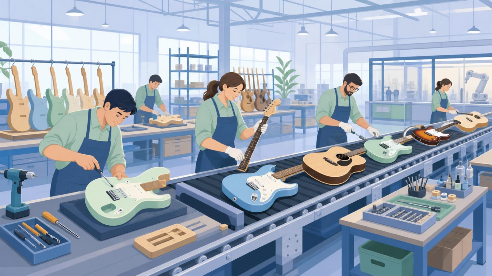 ギター工場の製造ラインで職人が丁寧にギターを組み立てているOEM生産のイラスト
