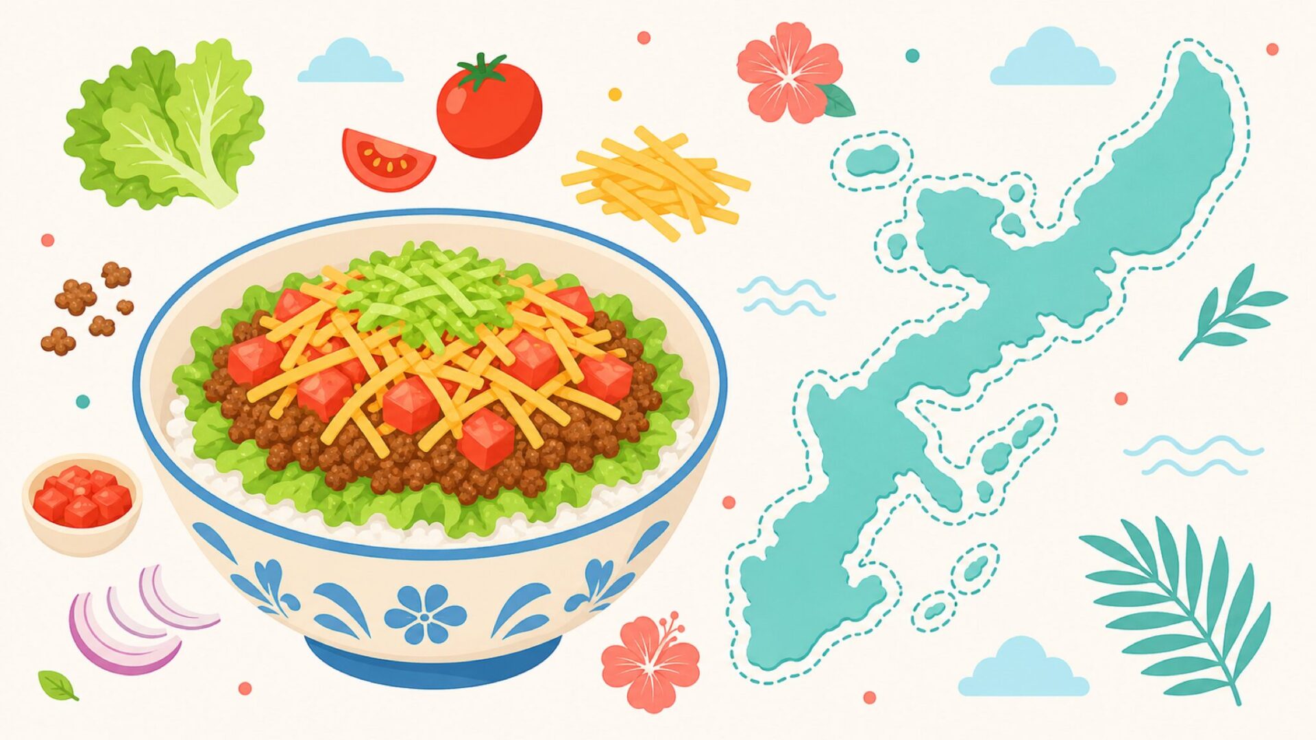 タコライスの丼と沖縄の地図を組み合わせたイラスト