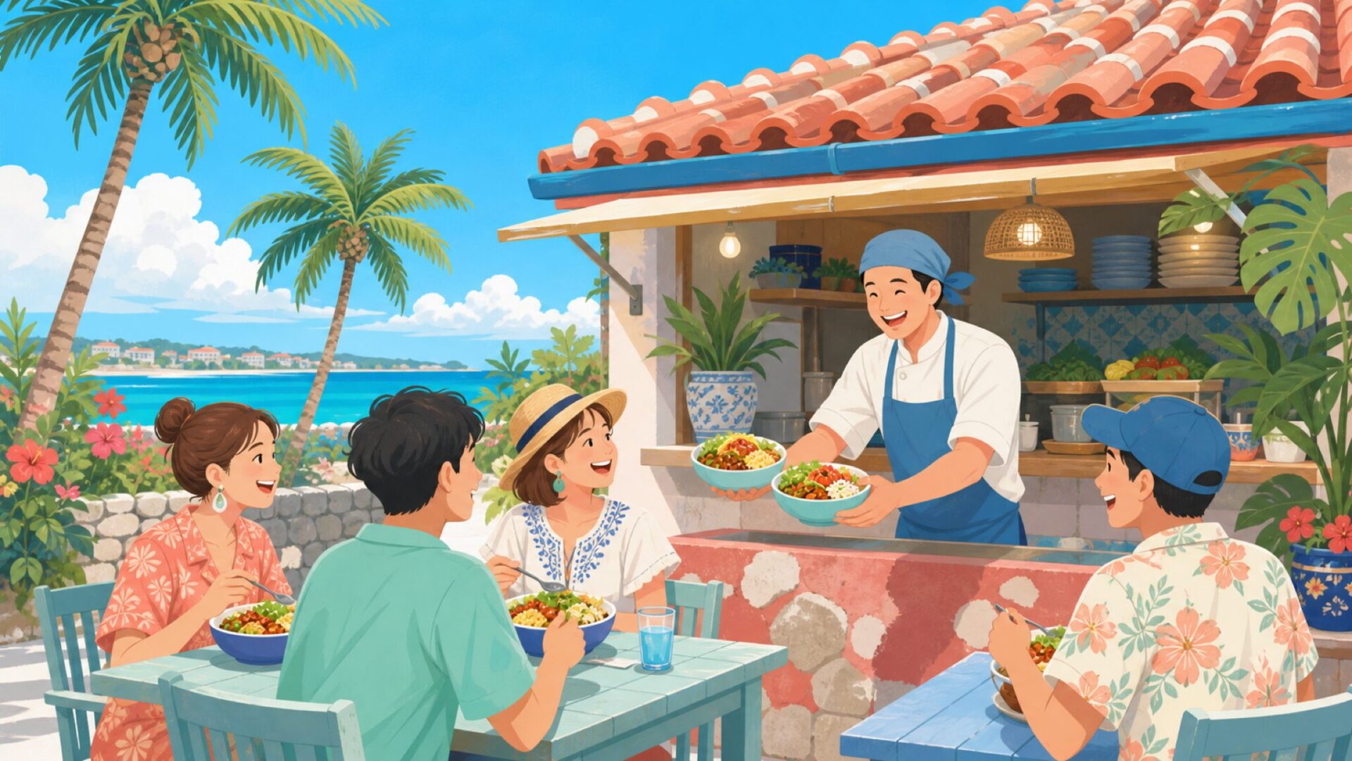 沖縄でタコライスを楽しむ人々のイラスト