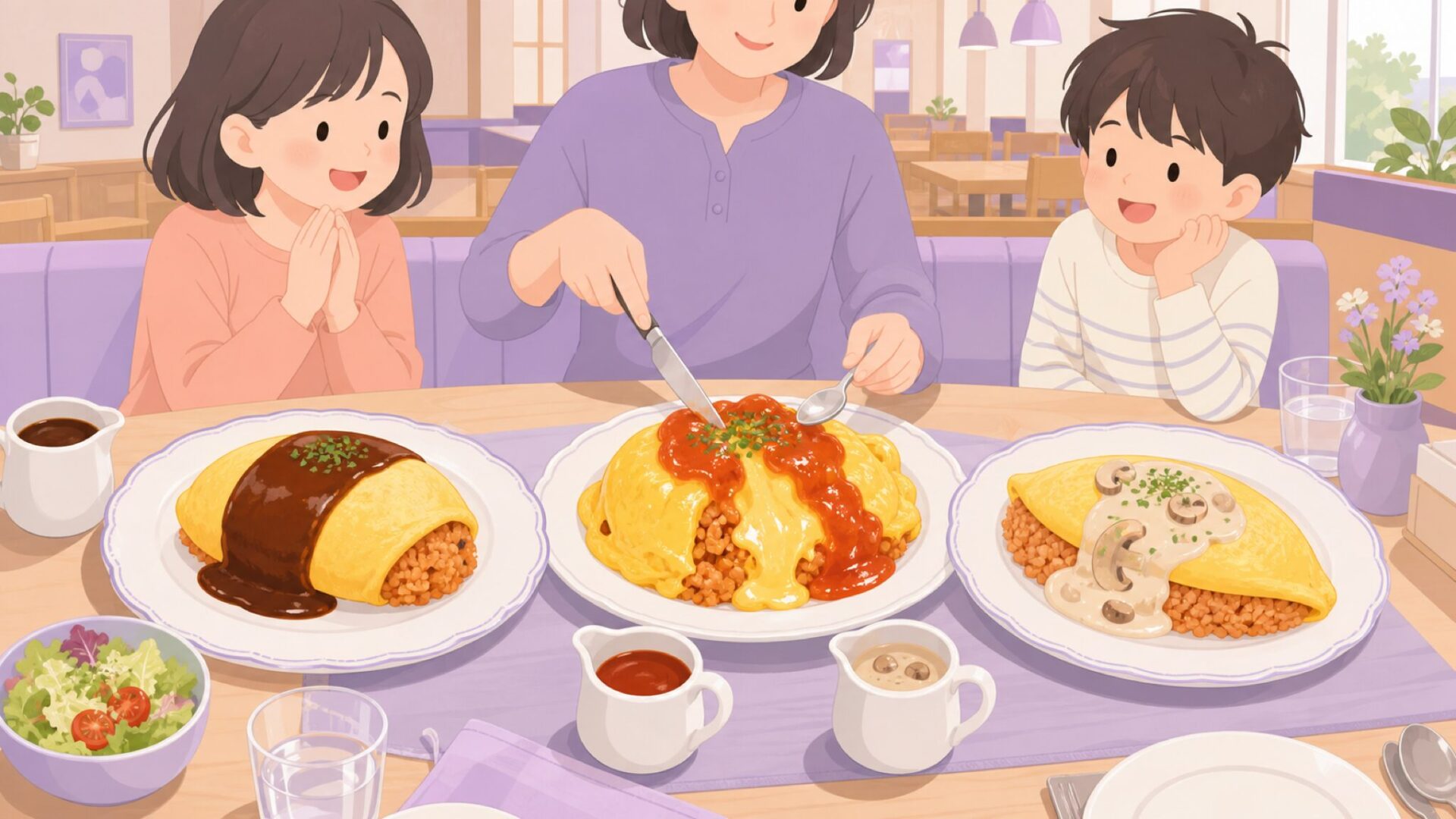 3種類のオムライスと異なるソースが並ぶレストランのテーブル