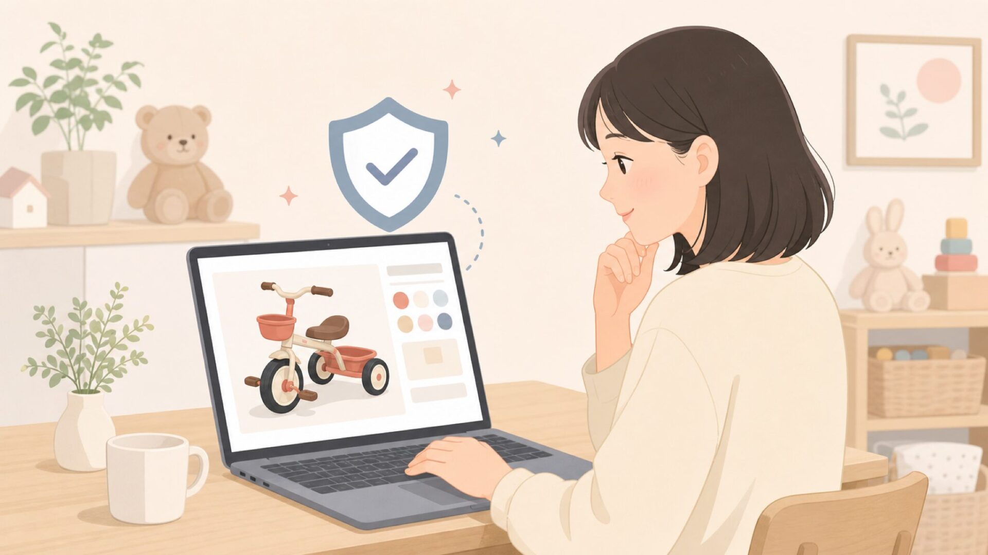 安心できる公式オンラインショップで三輪車を購入する母親のイラスト