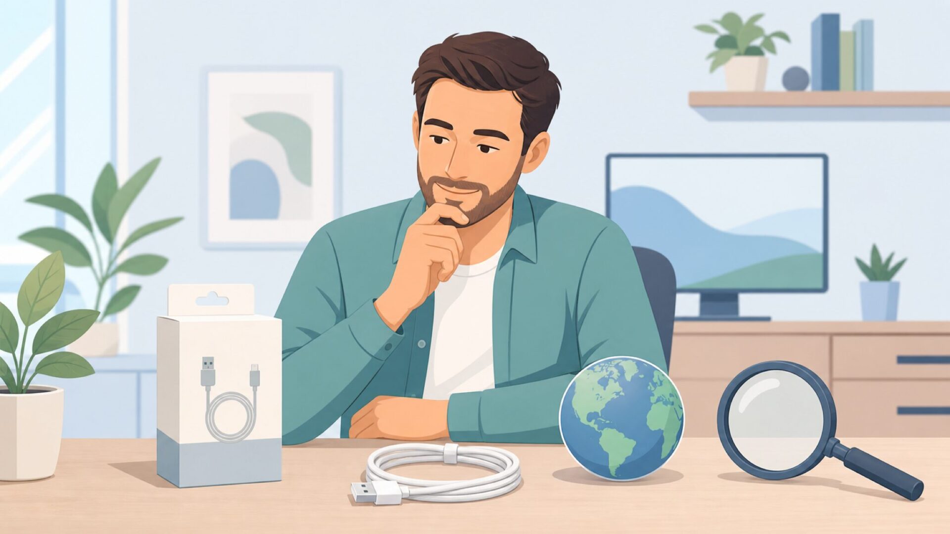 ブランド国籍を調べる会社員のイラスト