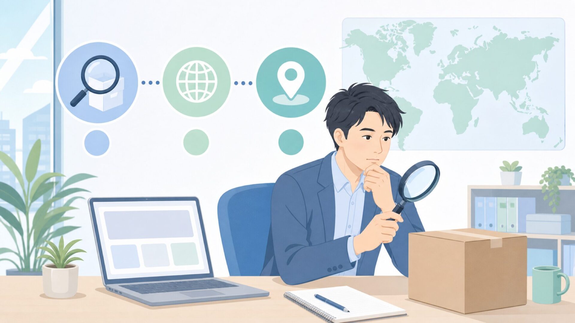 販売元と国を調べるデスクワーカー