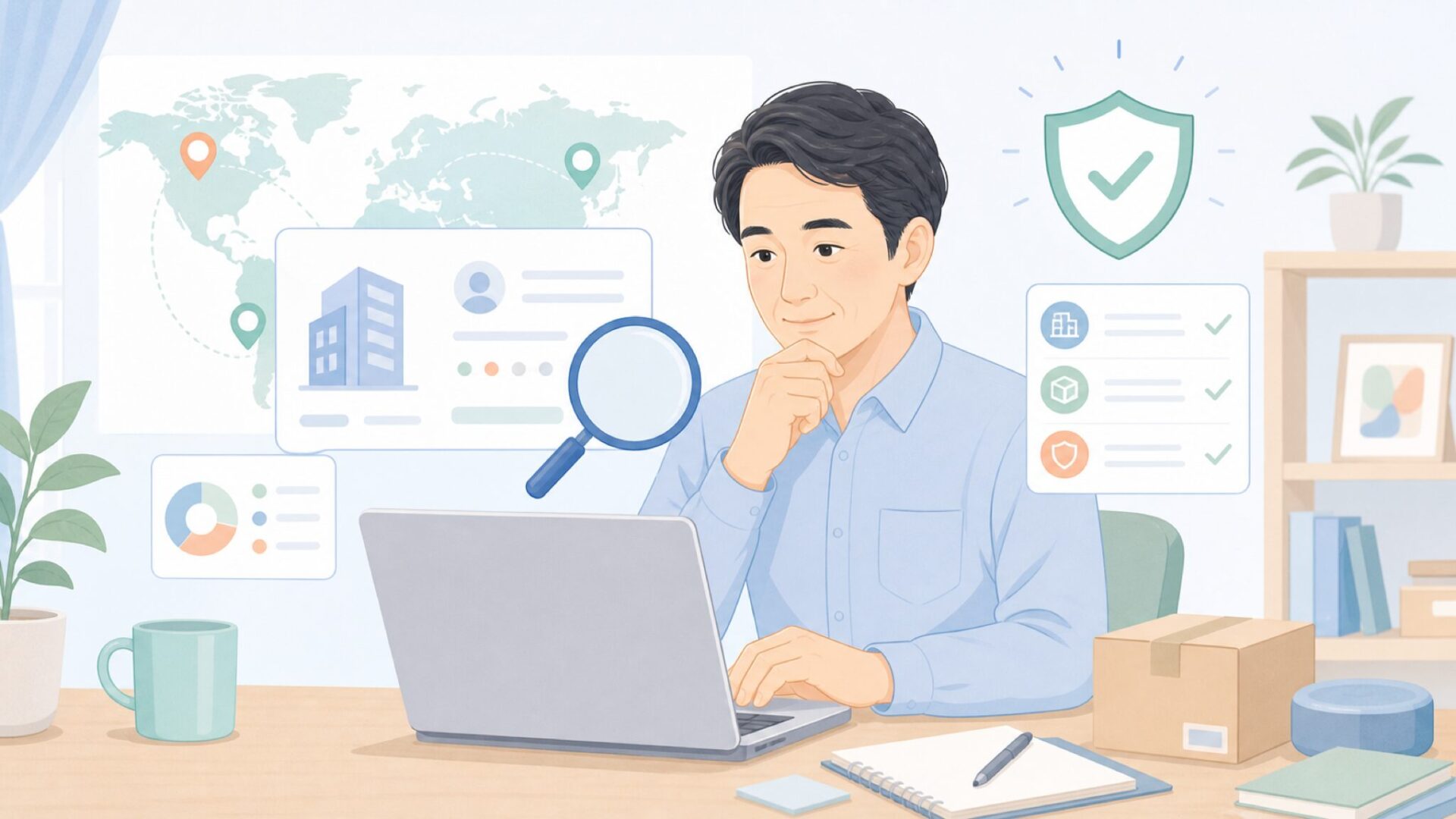 ブランドの運営元を調べる人物のイラスト