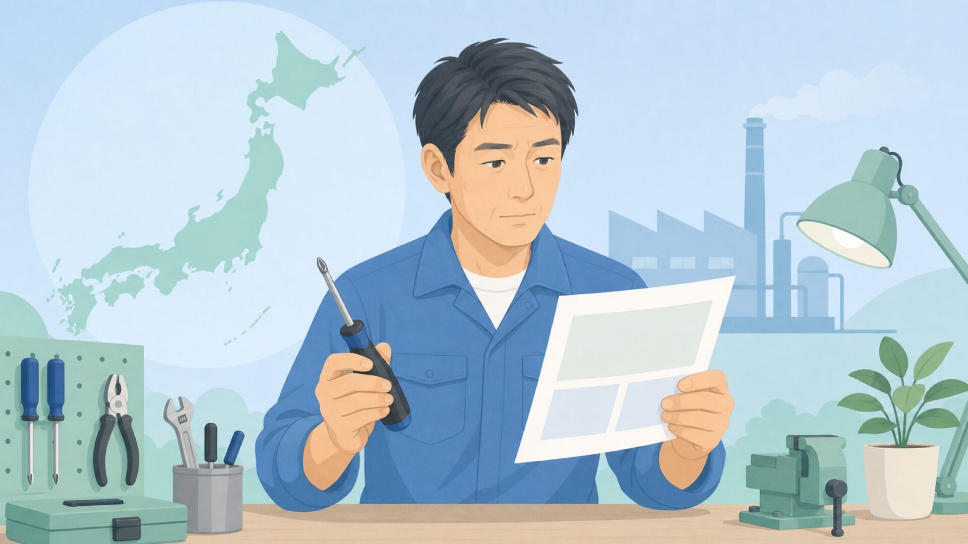 運営会社と国を確認する男性の作業机