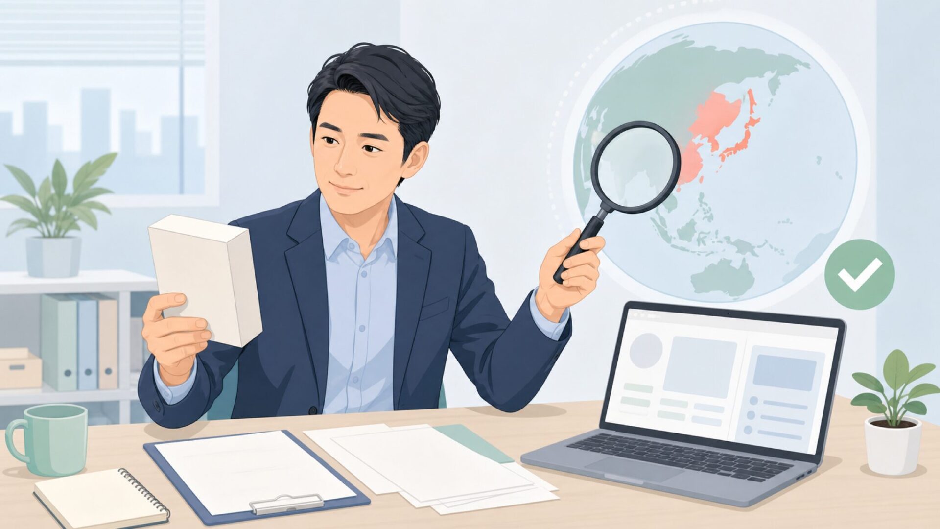 ブランドの国籍を資料と地図で確認する人物